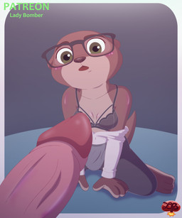 anthro blush bottomwear bra breasts brown_body brown_fur clothed clothing duo erection eyewear feet female fingers fur genitals glasses green_eyes humanoid_genitalia humanoid_penis mostly_offscreen_character open_mouth pants partially_clothed penis simple_background sitting smile spread_legs spreading tail toes underwear wearing_glasses ladycherrybomba disney zootopia sam_(zootopia) mammal mustelid otter digital_media_(artwork) hi_res