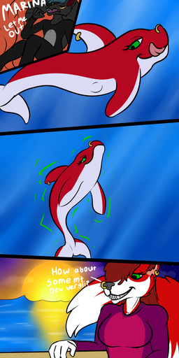 anthro beach female feral macro male micro sea shrinking size_transformation text transformation vore water wetsuit marina-fox canid canine canis cetacean dolphin fox mammal marine oceanic_dolphin orca toothed_whale whale wolf comic english_text hi_res