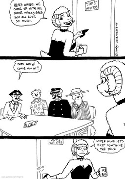 anthro bell bell_collar breasts cleavage clothed clothing collar dialogue facial_hair female fur group hair hat headgear headwear horn male mustache open_mouth tail text wine_bottle wool_(fur) tegerio lana_lynne bovid canid canine canis caprine domestic_dog human mammal sheep 2023 black_and_white comic english_text hi_res monochrome