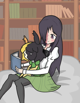 anthro bangs bean_bag bent_arm bent_legs black_body black_clothing black_ears black_fur black_hair black_legwear black_stockings blonde_hair blush book bookshelf bottomwear brown_ears closed_smile clothed clothed_anthro clothed_female clothed_human clothing dress duo ear_tuft featureless_legs female female_anthro female_human fully_clothed fully_clothed_female fully_clothed_human fur furniture green_bottomwear green_clothing green_dress green_skirt hair hair_over_eye holding_book holding_object inside larger_female larger_human legwear long_hair looking_at_book looking_at_object medium_hair mouth_closed multicolored_hair on_lap open_book pupils purple_eyes shirt sitting sitting_on_bean_bag sitting_on_lap size_difference skirt smaller_anthro smaller_female smile stockings tan_body tan_skin thin_eyebrows topwear tuft two_tone_hair white_clothing white_pupils white_shirt white_topwear yellow_body yellow_fur cookieboy011 drawn_to_life katawa_shoujo hanako_ikezawa heather_(drawn_to_life) canid canine human mammal raposa 2018 colored crossover digital_drawing_(artwork) digital_media_(artwork) english_description shaded