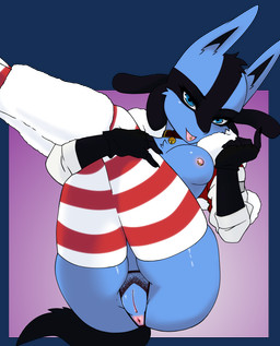 anus bell bell_collar blue_body blue_eyes blue_fur breasts clothing collar female fluffy fur genitals holding_both_legs holding_legs_up holidays inviting inviting_to_sex jacket legwear makeup mascara medium_breasts nipples piercing solo stockings tail thick_thighs tongue tongue_out tongue_piercing topwear vulva greedmasterh christmas nintendo pokemon fan_character j0lt canid canine generation_4_pokemon lucario mammal pokemon_(species) alpha_channel hi_res trans_(lore) trans_woman_(lore)