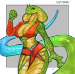 anthro apode arm_warmers armwear blue_eyes bra bracelet clothing eyeshadow female glistening glistening_body green_body green_scales horn jewelry legless makeup scales serpentine snake_hood solo tongue tongue_out underwear lbt9000 draconcopode naga reptile scalie snake hi_res