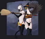 anthro armwear beak biped bra broom cleaning_tool clothed clothing collar duo elbow_gloves feathers gloves handwear hat headgear headwear holidays leg_warmers legwear looking_at_viewer male painted_background simple_background skimpy smile underwear winged_arms wings witch_hat asurii halloween ravadian avian bird falcon falconid absurd_res digital_media_(artwork) hi_res portrait three-quarter_portrait