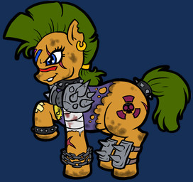 accessory alternate_universe anklet armor bandage bite_mark blood blood_stain blue_eyes bodily_fluids bodypaint bone bracelet chain clothing cutie_mark dirty ear_piercing eyelashes face_paint female feral fur furgonomics green_hair grin hair hazard_symbol jewelry legband mohawk pauldron piercing radiation_symbol scar simple_background skull smile solo spiked_anklet spiked_legband spikes symbol tail tail_accessory tailband torn_clothing transparent_background wounded yellow_body yellow_fur demien fallout fallout_equestria hasbro mad_max_2_the_road_warrior microsoft my_little_pony fan_character raider_(fallout) wez_(mlp) earth_pony equid equine horse mammal pony 2011 alpha_channel crossover