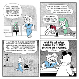 4_panel_comic alcohol ambiguous_gender amplifier anthro bar belt beverage biped black_clothing black_footwear black_hair black_shirt black_shoes black_topwear blue_jumpsuit booth_seating borderless_panel bottle_opener bottomwear brass_instrument clothing container cup dialogue drink_bottle drinking_glass duo ear_piercing elbow_on_table eye_bags eyelashes female flats_(shoes) footwear furniture glass glass_container glass_cup green_clothing green_footwear green_shoes grey_clothing grey_jacket grey_topwear group hair head_tuft highlights_(coloring) inner_monologue jacket musical_instrument nervous ordering_alcohol ordering_beverage pencil_skirt piercing red_highlights shirt shoes sitting skirt solo sound_effects speech_bubble standing table text thinking thought_bubble topwear trio trumpet tuft vest walking white_belt white_clothing white_footwear white_shirt white_shoes white_topwear wind_instrument wine wine_glass worried wringing_hands horseonvhs autumn_winters_(horseonvhs) jeanie_jacobs_(horseonvhs) summer_springs_(horseonvhs) bear giant_panda mammal 1:1 comic english_text halftone nonbinary_(lore) trans_(lore) trans_woman_(lore)