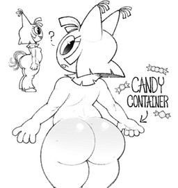 anthro big_butt black_eyes bottom_heavy breasts butt eyelashes female looking_back pinata question_mark rear_view side_view simple_background small_breasts smile solo text thick_thighs white_background wide_hips nanocorpx blushcrunch_studio dandy's_world evil_container yatta_(dandy's_world) animate_inanimate living_pinata toon_(dandy's_world) hi_res meme monochrome