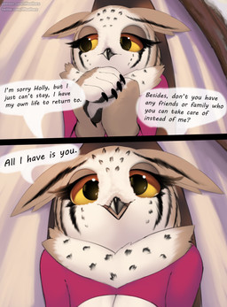 anthro beak big_eyes black_beak bodily_fluids breasts brown_body brown_feathers clothed clothed_anthro clothed_female clothing dialogue feathers female fully_clothed fully_clothed_anthro fully_clothed_female neck_tuft non-mammal_breasts open_mouth robe sad smile solo tears text tuft yellow_eyes thousandfoldfeathers dungeons_and_dragons hasbro wizards_of_the_coast holly_(thousandfoldfeathers) avian bear bird hybrid mammal owl owlbear 2025 comic english_text hi_res