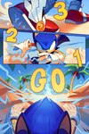 5_fingers anthro black_nose blue_body blue_fur clothing countdown electricity fingers footwear fur gloves green_eyes handwear humanoid_hands male palm_tree plant quills_(anatomy) running sand shoes solo tree winged_shoes baban chilllum ebetto miitara sega sonic_the_hedgehog_(series) sonic_the_hedgehog eulipotyphlan hedgehog mammal 2025 2:3 absurd_res comic digital_media_(artwork) hi_res