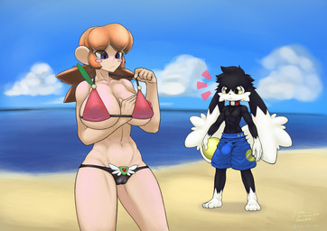 4_toes abs anthro athletic athletic_anthro athletic_male barefoot beach big_breasts big_ears bikini black_body black_fur blue_eyes blush breasts bulge camel_toe clothed clothing collar detailed_bulge duo erection erection_under_clothing feet female fur genital_outline hair long_ears long_hair male male/female orange_hair pecs penis_outline plantigrade red_collar seaside swimming_trunks swimwear toes two-piece_swimsuit water white_body white_fur yellow_eyes eoks bandai_namco klonoa_(series) klonoa lolo_(klonoa) animal_humanoid domestic_cat felid feline felis haplorhine humanoid mammal mammal_humanoid monkey monkey_humanoid primate primate_humanoid absurd_res hi_res