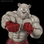 abs anthro big_muscles black_background bottomwear boxing brown_body clothed clothing fighting_pose fist gloves grin handwear looking_at_viewer male muscular muscular_anthro muscular_arms muscular_male navel pecs pose shorts simple_background smile solo sport topless jabuhusky beastars riz_(beastars) bear mammal 2025 hi_res signature