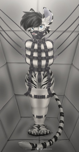 anthro arms_tied asylum bdsm big_ears binder_(restraint) black_body black_fur black_hair blue_eyes bondage bondage_gear bound bulge collar fur gag gagged hair harness leather leather_muzzle legbinder legs_tied long_term_bondage long_term_storage looking_at_viewer male muzzle_(object) muzzled padded_room patient prison prisoner restraints solo straitjacket straps striped_body striped_fur stripes suspension white_body white_fur zerofenrir kinktober_2022 vaurien felid mammal pantherine tiger absurd_res hi_res