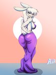 3:4 absurd_res anthro ava_lugg backless_clothing backless_dress breasts buckteeth butt clothing dress eyeliner female hair hare hi_res lagomorph leporid makeup mammal marilyn_e purple_eyes side_boob simple_background smile solo teeth white_body white_hair