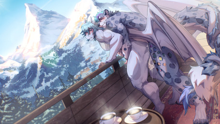 anal anal_penetration anthro balcony balls blue_hair blush bodily_fluids breath butt carpet claws container cum cum_drip cum_on_butt cup detailed_background digitigrade dripping duo dutch_angle ear_piercing entwined_tails from_behind_position fur genital_fluids genitals grey_body grey_fur hair highlights_(coloring) hot_beverage leopard_spots light male male/male markings mountain multicolored_markings muscular muscular_anthro muscular_male nude nude_anthro nude_male outside paws penetration penile penile_penetration penis penis_in_ass piercing plant purple_highlights rainbow_markings saucer sex snow spots standing standing_sex tail tail_coil tea_cup toe_claws tree wings cobu mythology silversnep dragon felid mammal mythological_creature mythological_scalie pantherine scalie snow_leopard 2026 digital_media_(artwork) hi_res lighting signature