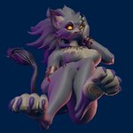 1:1 3d_(artwork) anthro belladonna_(trials_of_mana) breasts butt catsockjus claws countershading crossed_legs digital_media_(artwork) ear_piercing felid female floating genitals glistening glistening_eyes hi_res jewelry looking_at_viewer mammal nails necklace nipples nude orange_eyes paws piercing purple_body pussy solo toe_claws trials_of_mana