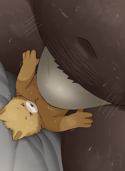 anthro belly big_belly bulge clothing duo eyes_closed kemono lying male navel overweight overweight_male size_difference underwear young trail_arnak domestic_cat felid feline felis mammal 2026 hi_res