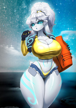 abs anthro big_breasts black_body black_fur blue_eyes blue_markings bottomwear breasts cleavage clothed clothed_anthro clothed_female clothing denim denim_bottomwear denim_clothing denim_shorts female fingernails fur glowing glowing_eyes gold_fingernails gold_nails gold_thong gold_topwear hair horizontal_pupils huge_breasts huge_thighs life_jacket long_hair looking_at_viewer markings mask_off multicolored_body multicolored_fur nails nipple_outline pose pupils shorts solo standing thick_thighs white_body white_fur white_hair wide_hips maned_kitsune league_of_legends riot_games tencent kindred_(lol) lamb_(lol) bovid caprine mammal sheep 2026 hi_res pinup