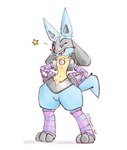 ambiguous_gender ankle_socks anthro armwear black_body black_fur blue_body blue_fur chest_spike clothed clothing cute_fangs elbow_gloves fangs featureless_crotch footwear fur gloves hands_on_hips handwear looking_at_viewer one_eye_closed open_mouth partially_clothed pokemorph red_eyes shadow simple_background socks solo spikes spikes_(anatomy) standing star tan_body tan_fur teeth thick_thighs white_background wide_hips wink monado_art nintendo pokemon canid canine generation_4_pokemon lucario mammal pokemon_(species) hi_res