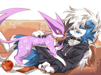 ambiguous_gender anthro apple blue_body blue_eyes blue_fur clothing collar duo electronics feral food fruit fur jewelry necklace phone pink_body pink_fur plant pokemorph spots tail white_body white_fur yellow_eyes baokemengyanglaodashi nintendo pokemon kian_(kianyemao) yemao_(kianyemao) canid canine felid feline generation_5_pokemon generation_7_pokemon liepard lycanroc mammal midnight_lycanroc pokemon_(species) shiny_pokemon hi_res