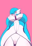 big_breasts bottomless breasts clothed clothing female genitals heart_eyes heart_symbol huge_breasts humanoid_pointy_ears looking_at_viewer low-angle_view not_furry pink_background pointy_ears pussy simple_background solo babyserval nintendo pokemon gardevoir generation_3_pokemon humanoid pokemon_(species) shiny_pokemon hi_res