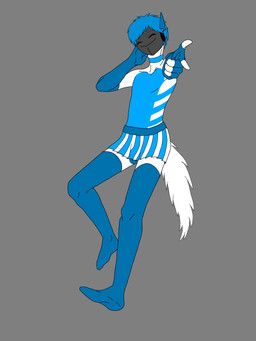 anthro armwear bulge chest_markings clothed clothing detailed_bulge eyes_closed femboy genital_outline gesture hand_gesture legwear looking_at_viewer machine male markings penis_outline pointing pointing_at_viewer solo standing ilgoda protogen 3:4 absurd_res hi_res