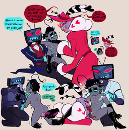 4_arms andromorph andromorph/male anthro anthro_on_anthro big_clitoris black_boots black_clothing black_eyes black_footwear black_hair blue_clothing blue_jacket blue_tongue blue_topwear bodily_fluids boots bow_tie cheek_fins clitoral clitoral_slit clitoris clothed clothed_sex clothing coat cunnilingus dialogue electronics footwear for_a_head genitals gloves grey_body grey_scales group hair handwear hat headgear headwear high_heeled_boots high_heels humanoid_on_anthro intersex intersex/male jacket kneeling licking licking_lips licking_own_lips magic male mastectomy_scar multi_arm multi_limb nude oral pink_clothing pink_coat pink_hat pink_headwear pink_topwear praise red_bow_tie red_sclera scales scar screen screen_face sex sex_toy sharp_teeth shoes speech_bubble sweat sweatdrop teal_eyes teeth television text tongue tongue_out topwear trio vaginal vibrator vibrator_on_pussy vulva wand_vibrator nebulabunny hazbin_hotel hellaverse baxter_(hazbin_hotel) valentino_(hazbin_hotel) vox_(hazbin_hotel) anglerfish demon fish humanoid marine object_head screen_head tv_head 2025 absurd_res english_text hi_res trans_(lore) trans_man_(lore)