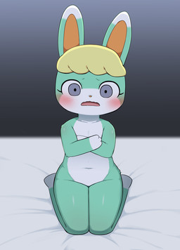 anthro blonde_hair blush covering_chest front_view fur green_body green_ears green_fur grey_eyes hair kneeling multicolored_body multicolored_fur nude pink_tongue solo tongue two_tone_body two_tone_fur white_body white_ears white_fur sum animal_crossing nintendo sasha_(animal_crossing) lagomorph leporid mammal rabbit absurd_res hi_res