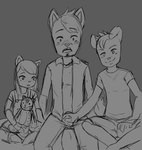 anthro bulge bulge_grab crossed_legs facial_hair female goatee group male male/male plushie simple_background sitting smug surprise young young_anthro dooberpng hunter_(dooberpng) lily_(dooberpng) canid canine canis domestic_cat domestic_dog felid feline felis mammal hi_res monochrome sketch