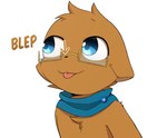 2020 anthro black_nose blep blue_eyes blue_scarf brown_body brown_fur brown_hair cheek_tuft chest_tuft child dialogue directional_arrow eyewear facial_tuft fur glasses hair hi_res kartoffelowo kimacats male mammal mustelid otter scarf simple_background solo telegram_sticker tongue tongue_out tuft white_background young young_anthro