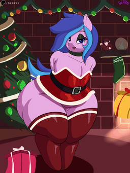 anthro belly big_belly blue_eyes blue_hair bottom_heavy christmas_clothing clothing eyelashes eyeliner female flat_chested fur hair holidays hooves huge_hips huge_thighs legwear looking_at_viewer makeup pink_body pink_fur solo thick_thighs thigh_highs wide_hips derpx1 christmas rany_(derpx1) equid equine mammal 2025 2d_animation 3:4 animated digital_media_(artwork) hi_res loop