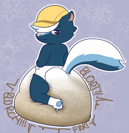 anthro big_diaper blort clothing diaper ear_tuft excessive_feces feces fur hat headgear headwear huge_diaper hyper hyper_diaper hyper_feces hyper_soiling male multicolored_body multicolored_fur one_eye_obstructed pooping skunk_tail smug soiled_diaper soiling soiling_diaper solo stripes text tuft unclean_diaper used_diaper law_azure animal_crossing nintendo kicks_(animal_crossing) mammal mephitid skunk hi_res