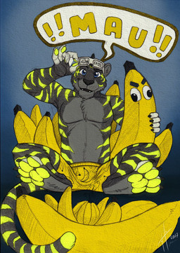 anthro banana black_claws blue_eyes bottomwear claws clothed clothing eyewear eyewear_on_head fangs finger_claws food front_view fruit fur glasses glasses_on_head glistening glistening_eyes green_pawpads grey_body grey_fur looking_at_viewer male male_anthro markings open_mouth pawpads plant shorts simple_background sitting solo speech_bubble striped_arms striped_legs striped_markings striped_tail stripes tail tail_markings teeth toe_claws topless yellow_bottomwear yellow_clothing yellow_shorts hufnaar felid mammal pantherine tiger 2017 dated hi_res