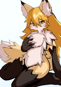 anthro blush female fluffy fox_tail hand_on_chest konetsu naturally_censored nude sitting solo nyaito canid canine fox mammal absurd_res hi_res tagme