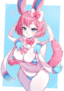 5_fingers abstract_background accessory anthro bikini blue_background blue_eyes blush bow_ribbon breasts claws cleavage clothed clothing eyelashes female female_anthro finger_claws fingers fur gloves_(marking) hair hair_accessory hair_bow hair_ribbon hand_on_chest heart_symbol humanoid_hands looking_at_viewer markings pink_body pink_fur pink_hair pink_tail ribbons simple_background smile solo swimwear tail two-piece_swimsuit white_body white_fur methynecros nintendo pokemon eeveelution generation_6_pokemon pokemon_(species) sylveon hi_res