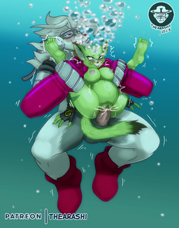 anthro balls blush bodily_fluids breasts bubble cum cum_inside duo erection female female_penetrated genital_fluids genitals looking_pleasured male male/female male_penetrating male_penetrating_female nipples penetration penis sex underwater vaginal water thearashi bandai_namco digimon digimon_(species) wolvermon hi_res