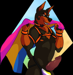animal_genitalia animal_penis anthro athletic athletic_anthro athletic_male canine_genitalia canine_penis clothing erection flag flag_(object) genitals harness holding_flag holding_object jockstrap knot knotted_penis lgbt_pride looking_at_viewer male nipples nonbinary_pride_colors open_mouth open_smile pansexual_pride_colors penis pride_colors sheath simple_background smile solo standing tail teeth underwear likanen canid canine canis dobermann domestic_dog mammal pinscher 2021 hi_res