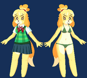 anthro blonde_hair blush bottomwear bra breasts cleavage clothed clothing collared_shirt female fur green_bra green_clothing green_panties green_underwear hair looking_at_viewer navel panties ponytail shirt simple_background skirt small_breasts smile solo tail topwear transparent_background triangle_bra underwear underwear_only yellow_body yellow_fur frigadae animal_crossing nintendo isabelle_(animal_crossing) canid canine canis domestic_dog mammal shih_tzu toy_dog 2019 alpha_channel digital_media_(artwork) full-length_portrait pixel_(artwork) portrait