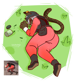 anthro catnip drugs drunk female grass laying_pose meme_pose plant solo substance_intoxication natnutyz team_fortress_2 valve demoman_(team_fortress_2) mimi_the_kitty absurd_res hi_res