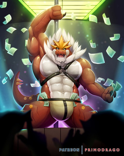 3_fingers anthro anthrofied biceps biped clothing dancing fingers front_view fur harness holding_fixture jockstrap kneeling looking_at_viewer male money muscular muscular_anthro muscular_male navel open_mouth pecs pole pole_dancing red_body red_scales scales silhouette solo stripper stripper_pole underwear white_body white_eyes white_fur primodrago nintendo pokemon dinosaur fossil_pokemon generation_6_pokemon pokemon_(species) prehistoric_species reptile scalie tyrantrum 2018 hi_res