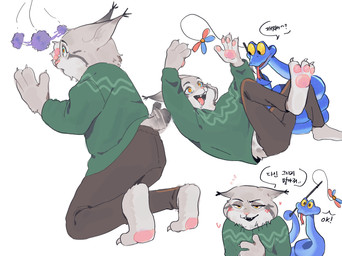 anthro blue_body blue_scales blush bottomwear clothing duo feral fur grey_body grey_fur kemono male pants pawpads paws scales sweater text topwear 1d1ot disney zootopia gary_de'snake pawbert_lynxley canada_lynx felid feline lynx mammal pit_viper reptile scalie snake viper english_text hi_res korean_text translated