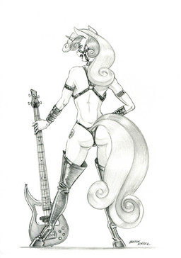 anthro bass_guitar bridle butt clothed clothing female guitar horn legwear looking_back musical_instrument plucked_string_instrument simple_background skimpy skinny_female solo standing string_instrument thigh_highs thong underwear white_background baron_engel friendship_is_magic hasbro my_little_pony mythology sweetie_belle_(mlp) equid equine mammal mythological_creature mythological_equine unicorn graphite_(artwork) hi_res monochrome traditional_media_(artwork)