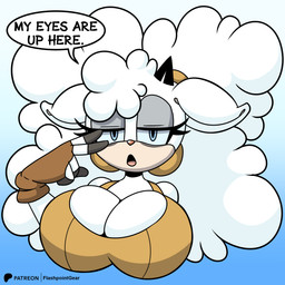 big_breasts big_hair black_horn blue_eyes blue_sclera breasts cleavage clothed clothing countershading eye_bags eyelashes female fingerless_gloves fluffy fluffy_hair fur gesture gloves hair hand_gesture handwear horn looking_at_viewer my_eyes_are_up_here narrowed_eyes open_mouth pink_tongue pointing pointing_at_head pointing_at_self pupils speech_bubble talking_to_viewer tan_body tan_countershading tan_skin text thick_eyelashes tongue white_body white_ears white_fur white_wool wool_(fur) wool_hair flashpointgear idw_publishing sega sonic_the_hedgehog_(comics) sonic_the_hedgehog_(idw) sonic_the_hedgehog_(series) lanolin_the_sheep_(sonic) bovid caprine mammal sheep 1:1 absurd_res english_text half-length_portrait hi_res portrait