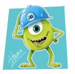 1_eye 3_toes armor blue_background claws clothing feet green_body green_eyes hard_hat hat hat_only headgear headgear_only headwear headwear_only helmet looking_at_viewer mostly_nude open_mouth open_smile outline simple_background smile solo standing toe_claws toes harara disney monsters_inc pixar mike_wazowski monster 2018 signature