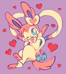 2016 3_fingers 3_toes ambiguous_gender black_nose blue_eyes cute_fangs eeveelution extyrannomon_(artist) feet feral fingers fur generation_6_pokemon hair half-closed_eyes heart_symbol multicolored_body multicolored_fur narrowed_eyes nintendo open_mouth paws pink_hair pokemon pokemon_(species) simple_background solo sylveon teeth toes white_body