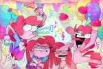 abstract_background annoyed anthro balloon bottomwear clothing confetti cupcake female feral food footwear group hair heart_symbol holding_object inflatable long_hair open_mouth party party_popper pink_hair shirt skirt smile square_crossover tongue tongue_out topwear vdru7 equestria_girls friendship_is_magic hasbro my_little_pony pinkamena_(mlp) pinkie_pie_(eg) pinkie_pie_(mlp) earth_pony equid equine horse mammal pony 2019 colorful_theme