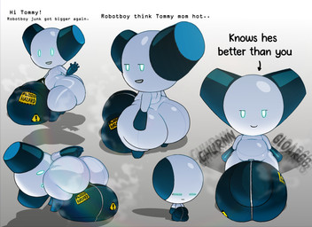 bent_over big_bulge big_butt big_penis blue_eyes bulge butt churn churning_balls clothing ellipsis exclamation_point genitals huge_bulge huge_butt huge_penis hyper hyper_genitalia hyper_penis looking_at_viewer looking_back machine male not_furry open_mouth penis shota smile solo text thick_thighs underwear wide_hips young young_humanoid young_male senordraws robotboy robotboy_(character) humanoid robot english_text hi_res