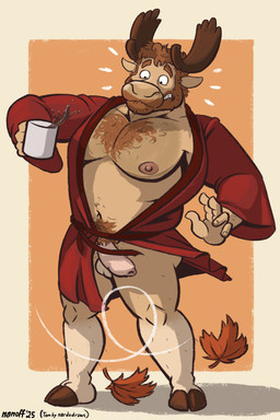 5_fingers anthro antlers balls bathrobe bathrobe_only beard beverage big_penis body_hair brown_body brown_fur chest_hair clothed clothed_anthro clothed_male clothing coffee coffee_mug embarrassed facial_hair fingers flaccid foreskin fur genitals hair holding_coffee_mug hooved_plantigrade hooved_toes hooves horn looking_down male manly maple_leaf muscular muscular_anthro muscular_male navel nipples orange_hair pecs penis plantigrade pubes red_bathrobe red_clothing red_robe robe shadow simple_background solo standing teeth text wardrobe_malfunction wind nanoff tom_(nardodraws) deer mammal moose new_world_deer 2025 artist_name digital_drawing_(artwork) digital_media_(artwork) english_description hi_res signature