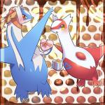 ambiguous_gender bow_(feature) box container duo gift gift_box heart_box holidays looking_at_viewer neck_bow red_eyes smile yellow_eyes ecru_(artist) nintendo pokemon valentine's_day generation_3_pokemon latias latios legendary_pokemon pokemon_(species) 1:1