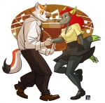 abstract_background anthro clothed clothing dancing duo eye_contact female fully_clothed looking_at_another male musical_note musical_symbol romantic romantic_couple simple_background symbol hodori canid canine canis mammal wolf