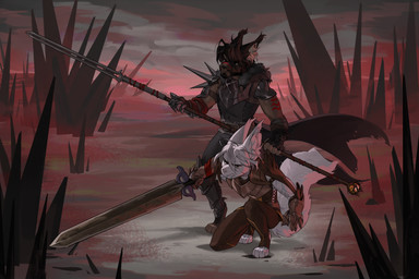anthro armor armored_boots black_body black_fur black_hair clothing duo fur gauntlets gloves hair handwear male male/male melee_weapon multicolored_body multicolored_fur polearm spear sword weapon white_body white_fur white_hair kandkaru felid feline hybrid lynx mammal 3:2 hi_res