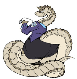 anthro big_butt black_bottomwear black_clothing black_skirt bottomwear butt clothing fangs female horn huge_butt jacket long_neck long_tail paper scales skirt solo tail teeth thick_neck topwear wide_hips boot_(artist) wadi_(boot) reptile scalie snake viper 2019